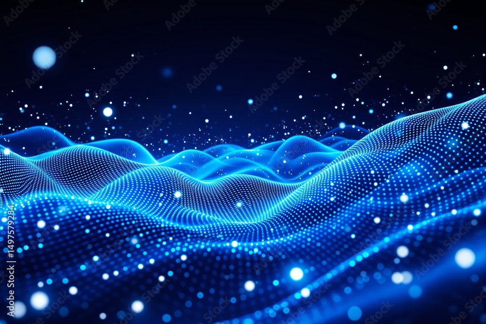 Poster Abstract digital landscape with glowing blue particles and wave-like structures.