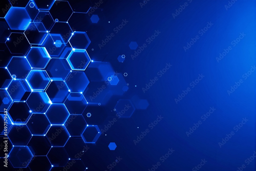 Poster Futuristic hexagonal pattern with glowing blue light on dark background.