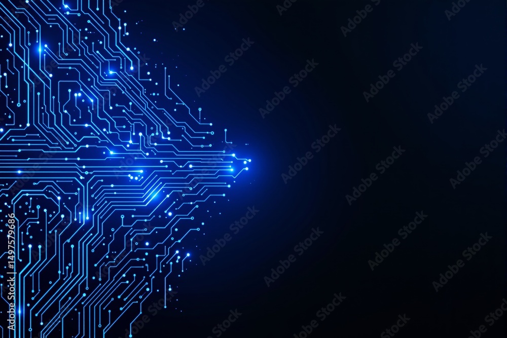 Poster futuristic glowing circuit board forming an arrow shape on dark background.