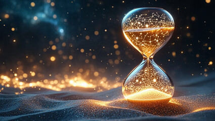 Mesmerizing Hourglass with Intricate Glowing Sand and Bokeh Lights, Symbolizing the Flow of Time, Cosmic Connections, and Moments of Ephemeral Beauty, Perfect for a Dynamic Wallpaper