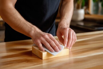 weathered hands smoothing wood surface with sandpaper, precision and care