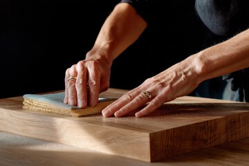 weathered hands smoothing wood surface with sandpaper, precision and care