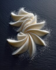 White sugar arranged into spiral patterns on a dark slate
