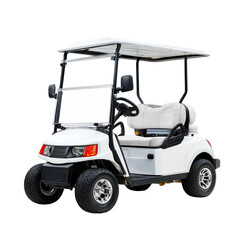 White golf cart, four passenger capacity.  Features a canopy and  padded seats