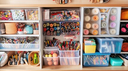 Organized art supplies in a cabinet.  Rows of clear plastic bins containing assorted craft items like colored pencils, beads, yarn, paper, and other art tools.  Neatly arranged storage