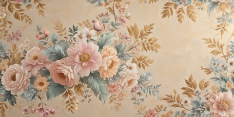 Pastel floral vintage wallpaper, gold accents, bridal background, patterns