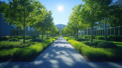 Fototapeta premium Concrete Pathway with Trees Leading to Building