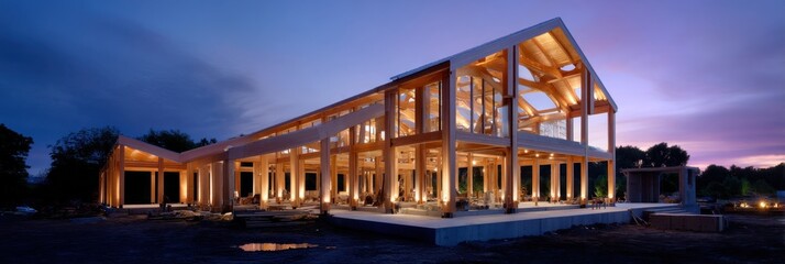 wide shot of wood structure under construction, sunset lighting, exposed timber frames
