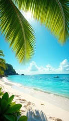 Fototapeta premium Sun-drenched palm leaves frame idyllic tropical beach, turquoise water , seychelles, peaceful