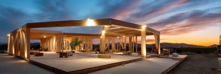 wide shot of wood structure under construction, sunset lighting, exposed timber frames