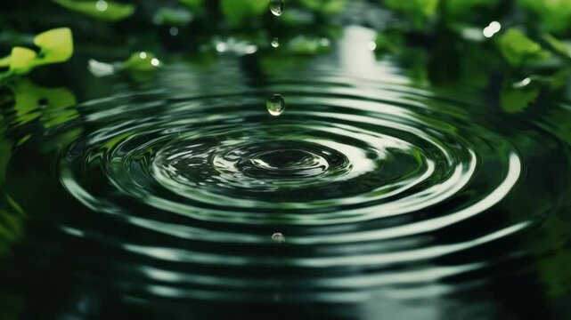 Drops of water slowly fall into a pond with green leaves, forming circles on the water