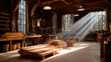 wide view of a busy carpenter workshop, tools on walls, wood planks stacked, sunlight rays