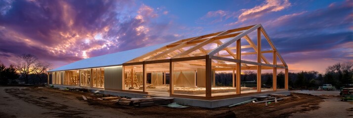 wide shot of wood structure under construction, sunset lighting, exposed timber frames