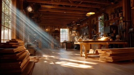 wide view of a busy carpenter workshop, tools on walls, wood planks stacked, sunlight rays