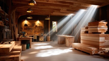 wide view of a busy carpenter workshop, tools on walls, wood planks stacked, sunlight rays