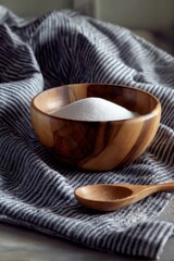 Wooden bowl of sugar on a striped kitchen cloth, rustic scene