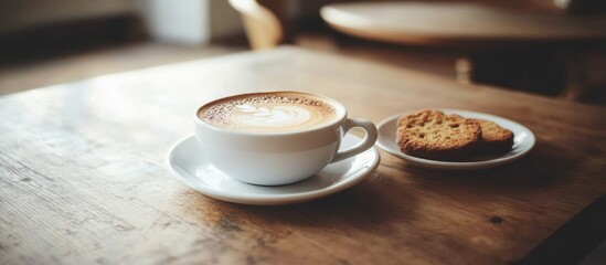 Latte art in a white cup with biscotti on a wooden table.