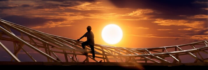 wooden structure coming together, sun behind silhouette of worker