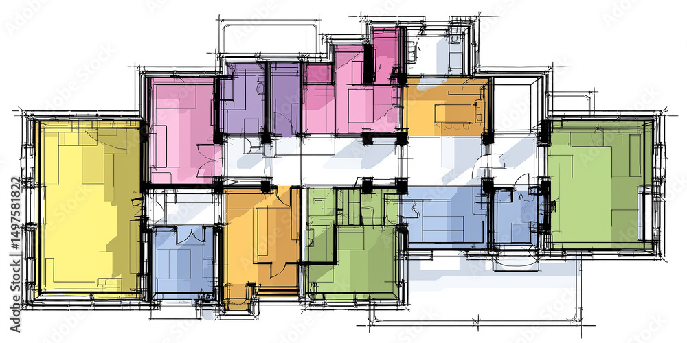 Poster architectural drawing showing the layout of a modern apartment with colored rooms