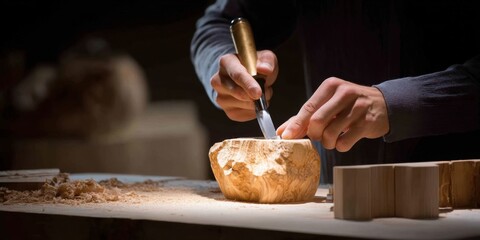 woodworking tools in action, artisan shaping detailed wooden piece, warm tone workshop lighting