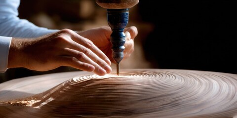 woodworking tools in action, artisan shaping detailed wooden piece, warm tone workshop lighting
