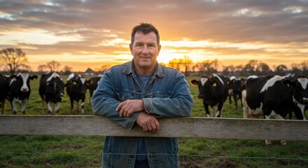 Man with cows at sunset