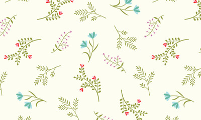 Seamless Hand-Drawn Floral Pattern on Light Yellow Background with Wildflowers and Leaves