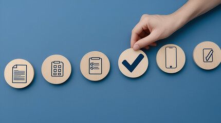 The image features a minimalist design with a diagonal sequence of five wooden discs, each containing a business icon, symbolizing task completion or success.