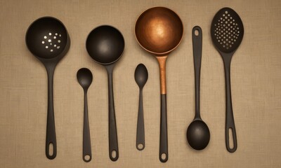 A Diverse Collection of Kitchen Ladles, Spoons for Every Culinary Task Displayed