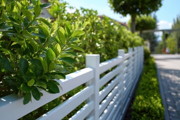 White Metal Gate with Horizontal Slats and Green Foliage