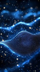 Abstract blue wave pattern with glowing particles.  Dark background, shimmering effect