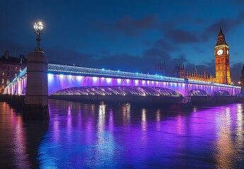Fototapeta premium Illuminated westminster bridge at night reflecting in the river thames with big ben visible