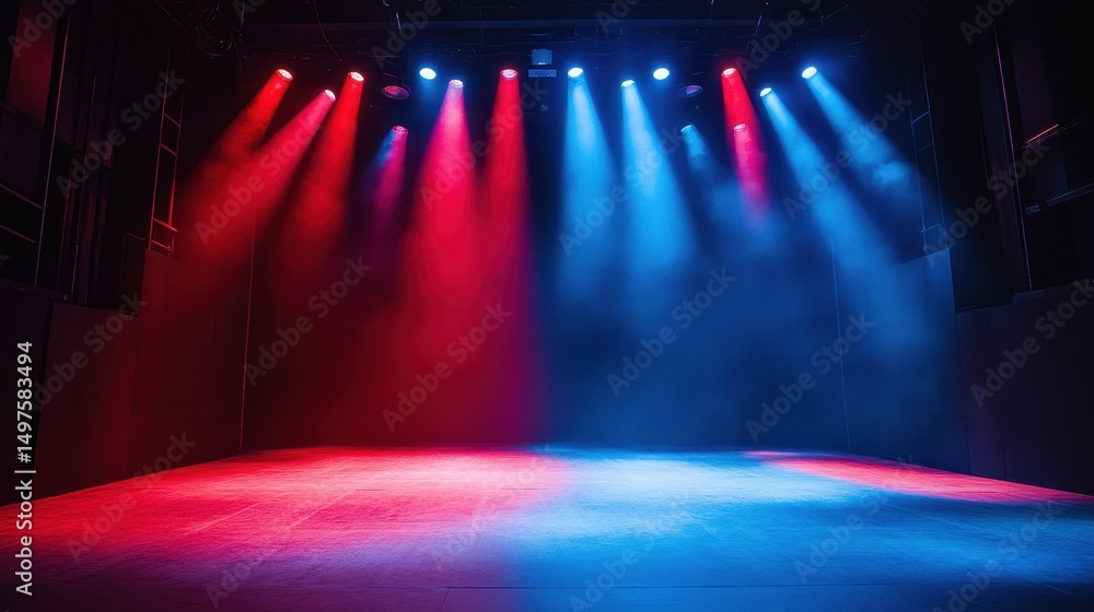 Poster empty stage illuminated by red and blue spotlights, creating a smoky atmosphere. use as a background