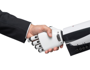 Human and robot handshake, symbolizing collaboration