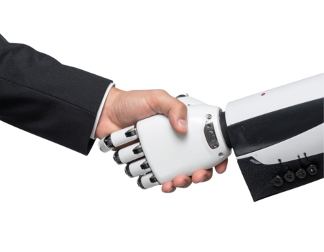 Human and robot handshake, symbolizing collaboration