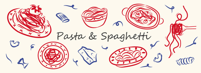 Minimalist hand drawn pasta and spaghetti vector illustration. Whimsical art for greeting cards, wedding invitations, pasty, poster design, postcards, and branding. Different mediterranean summer set.
