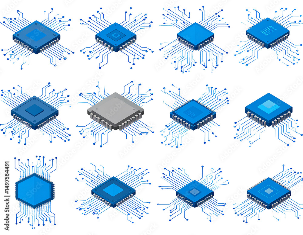 Poster isometric view of microprocessors with intricate circuitry