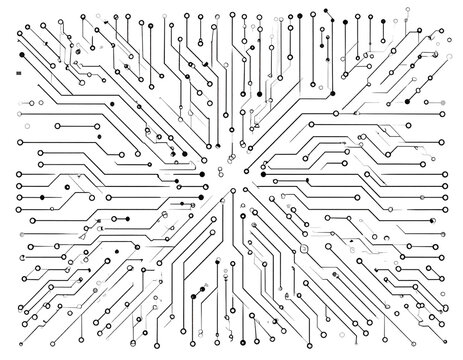 Abstract circuit board lines radiating from central node forming digital network pattern symbolizing data flow and technological connectivity