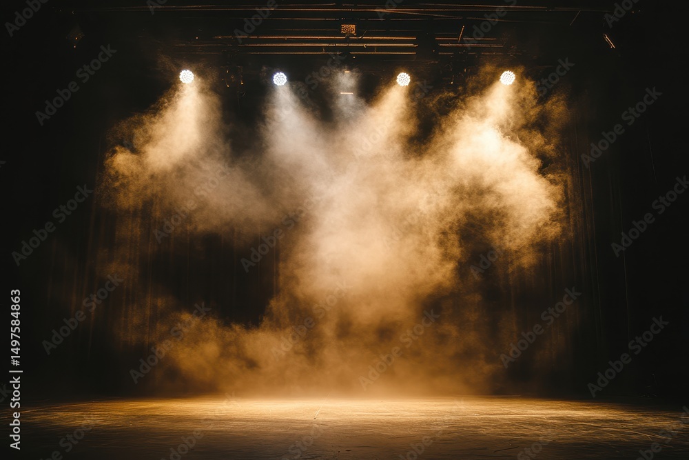 Poster stage lights beam through smoky haze, illuminating the empty performance area. use this background t