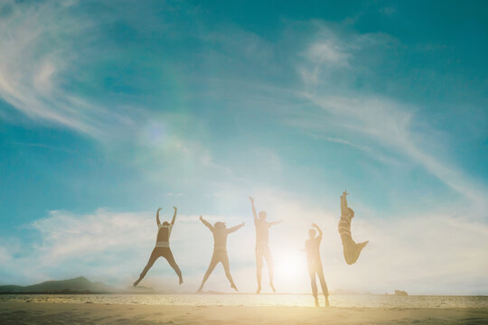 Happy family people feel enjoy celebrate life on great well healthy wellbeing concept victory together hope freedom. Leader mlm business team travel on new workplace in morning landscape summer time.