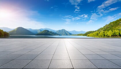empty square floor and lake with mountain nature landscape in summer