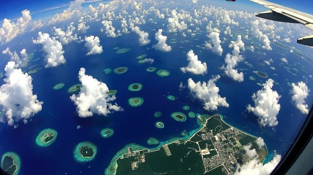 Aerial View of Serene Blue Waters and Island Landscapes with Fluffy Clouds in a Clear Sky