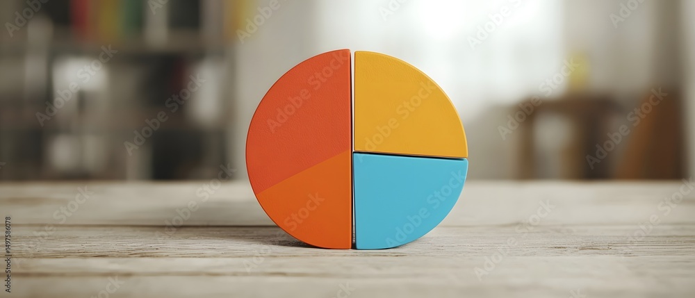 Poster three colorful pie chart segments stand upright on a wooden table, symbolizing data analysis or busi