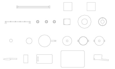 A drawing of kitchen items including a pot, a cup, a bowl, a spoon, a knife, and a fork