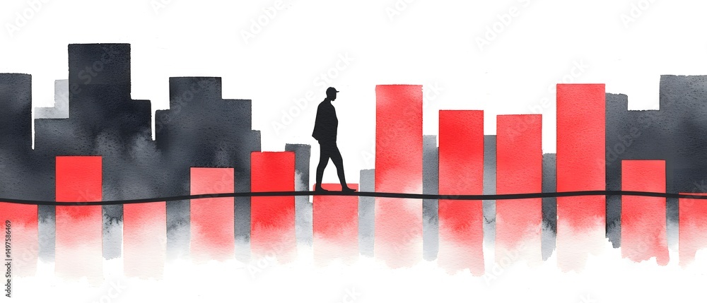 Poster a person walks along a line with a cityscape and red bar graphs in the background, blending urban li