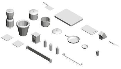A collection of kitchen items including a pot, a pan, a knife, and a bowl. Concept of organization and functionality, as the various items are laid out in a neat and orderly manner