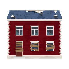 Fototapeta premium An illustration of an abandoned house with boarded up windows and a damaged roof, demonstrating a sense of abandonment and decay.