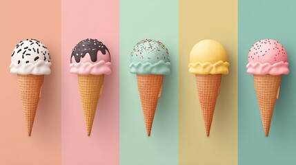 Colorful Ice Cream Cones Collection with Assorted Flavors and Toppings, Flat Design on Pastel Background, Minimalist Sweet Treats