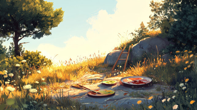 Artistâ€™s palette and brushes representing a calming and therapeutic painting hobby