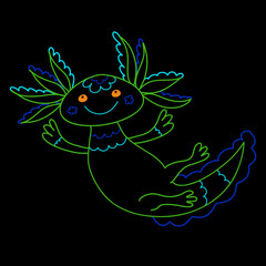 cute green glowing axolotl on black background, thin outline